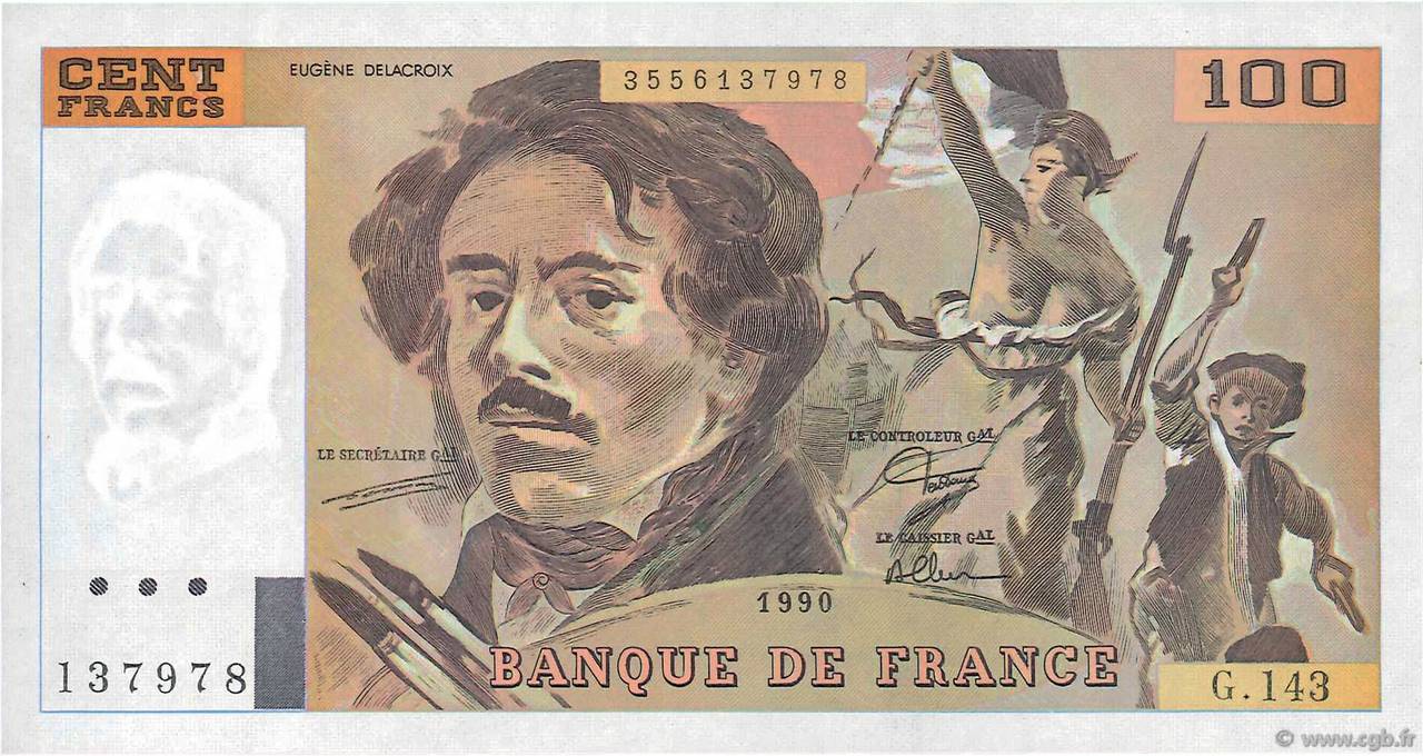 100 Francs DELACROIX imprimé en continu FRANCE  1990 F.69bis.01bG SUP+