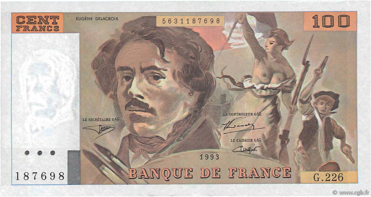 100 Francs DELACROIX imprimé en continu Fauté FRANCE  1993 F.69bis.08 SPL