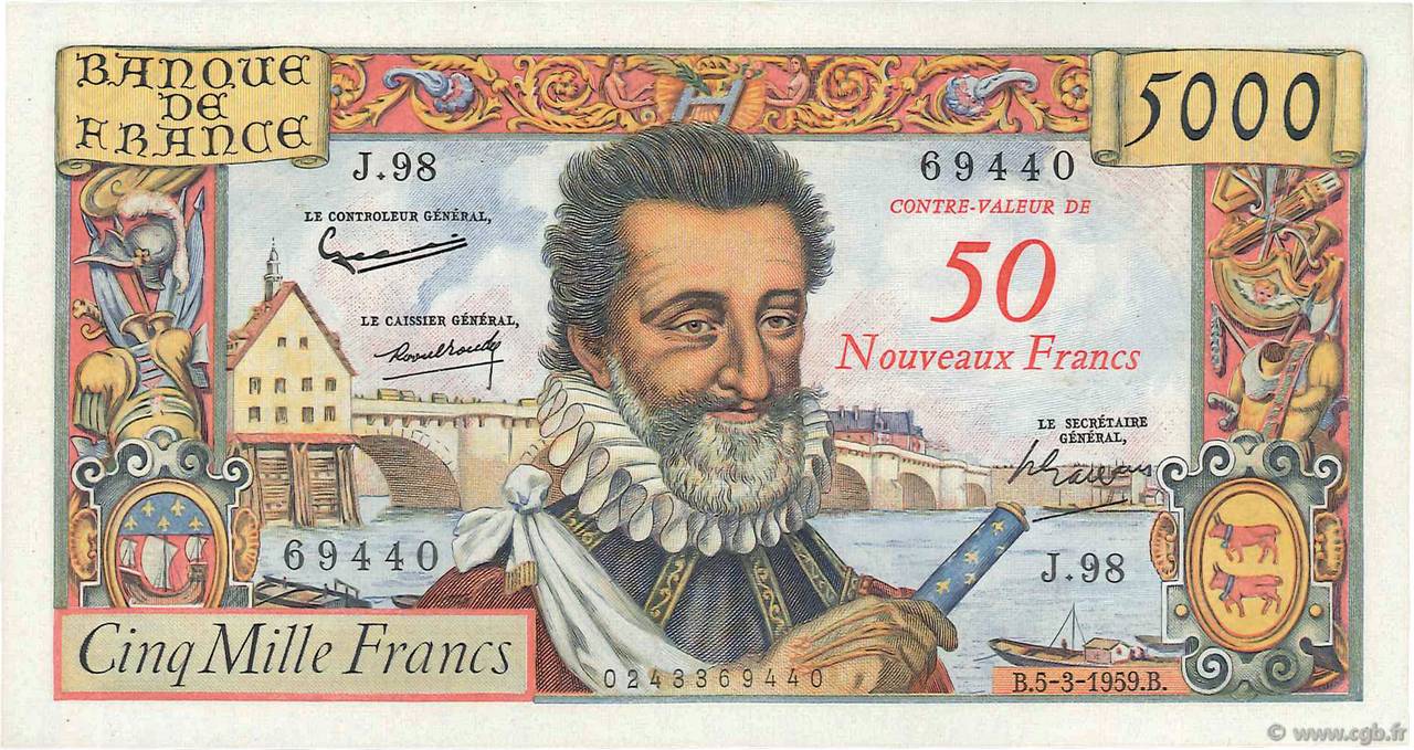 50 NF sur 5000 Francs HENRI IV FRANCE  1959 F.54.02 SUP