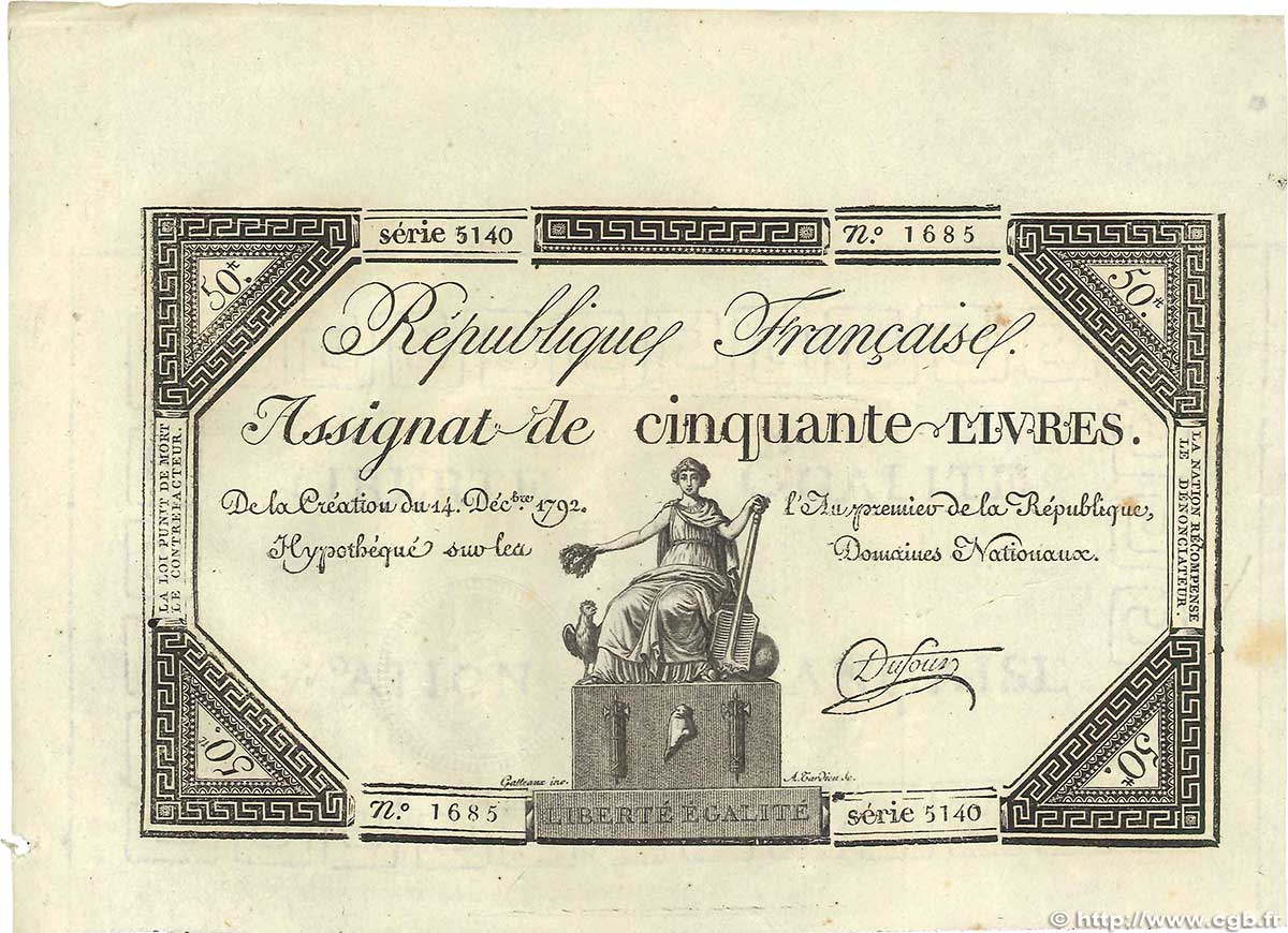 50 Livres FRANCE  1792 Ass.39a SPL