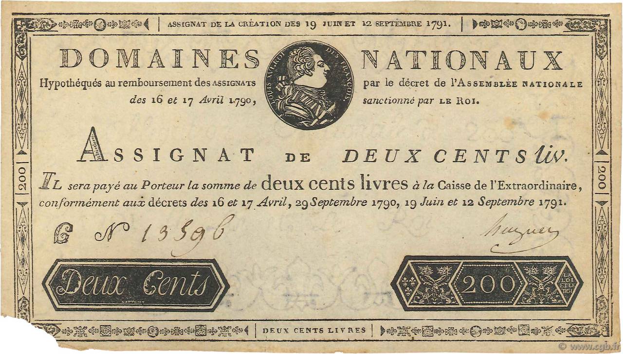 200 Livres Faux FRANCE  1791 Ass.17a TTB