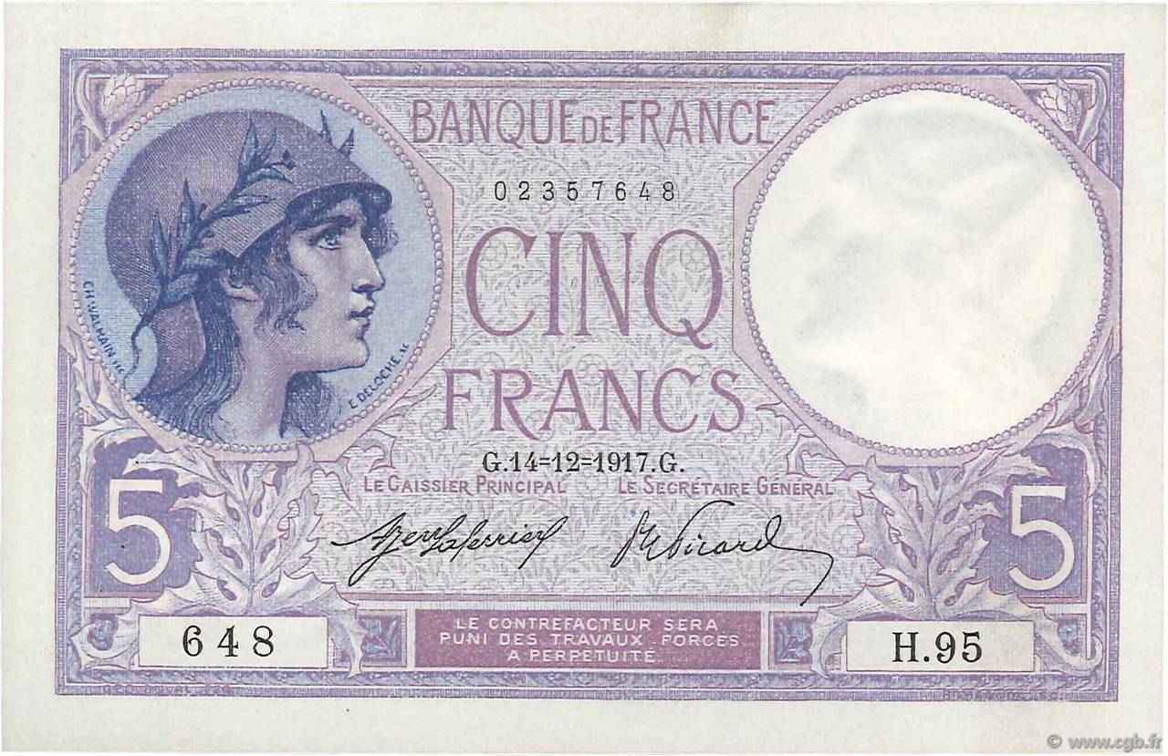 5 Francs FEMME CASQUÉE FRANCE  1917 F.03.01 SUP