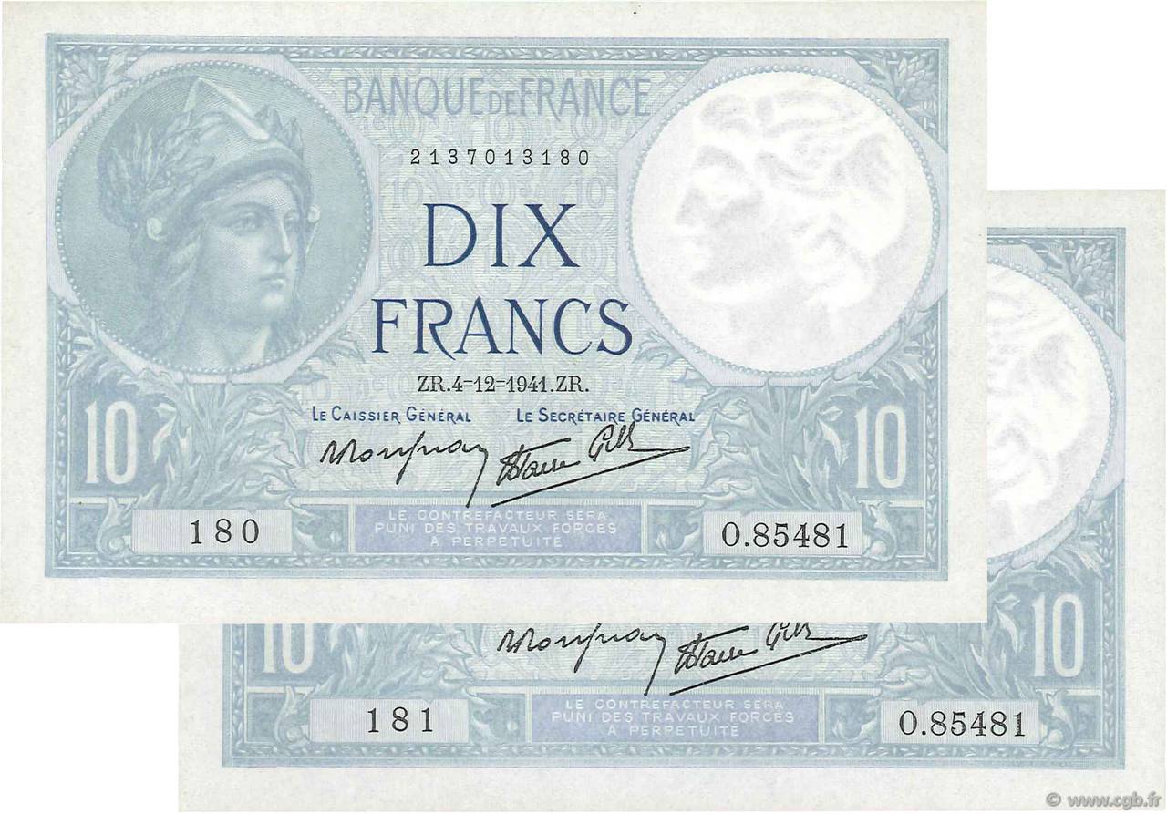 10 Francs MINERVE modifié Consécutifs FRANCE  1941 F.07.30 pr.NEUF