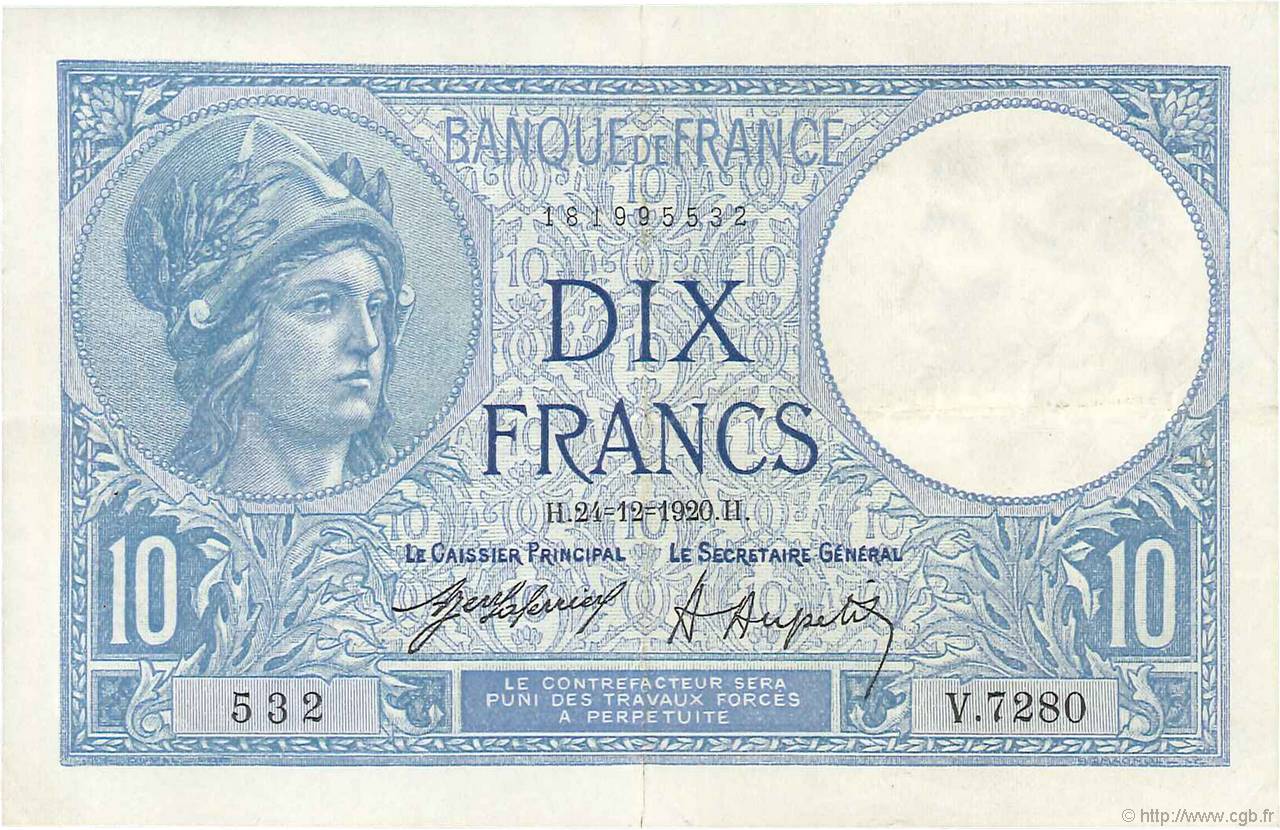 10 Francs MINERVE FRANCE  1920 F.06.04 pr.SUP