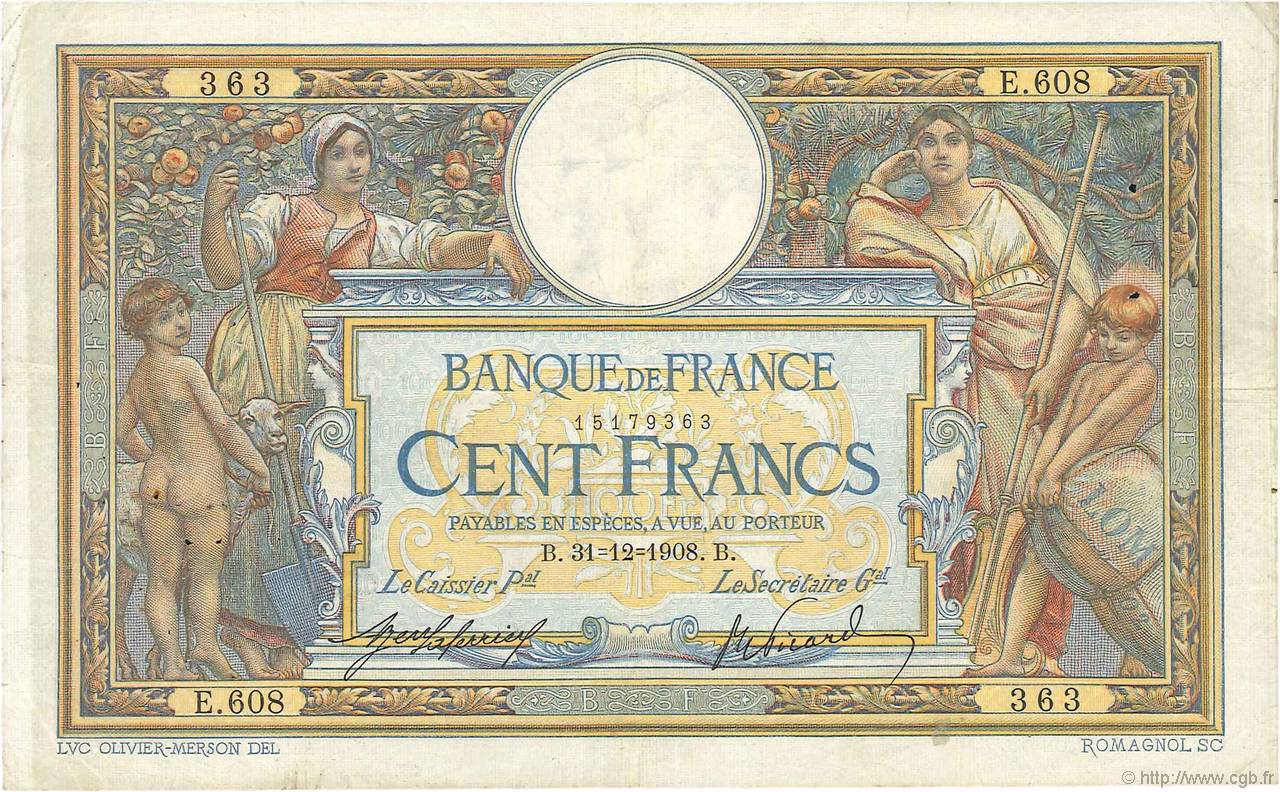 100 Francs LUC OLIVIER MERSON avec LOM Grand numéro FRANCE  1908 F.22.01 TTB