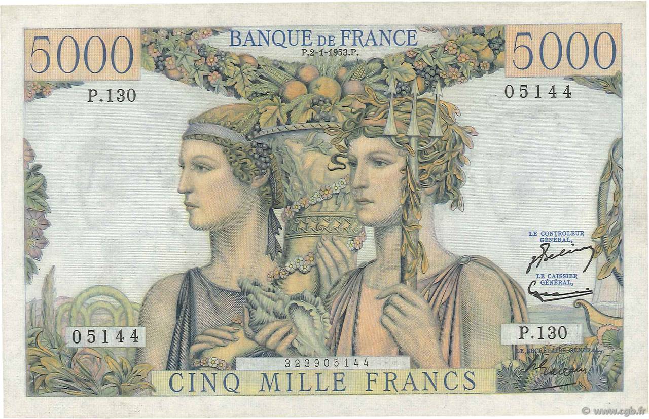 5000 Francs TERRE ET MER FRANCE  1953 F.48.08 SUP+