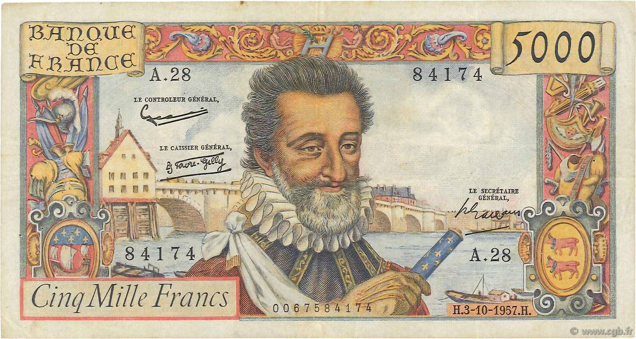 5000 Francs HENRI IV FRANCE  1957 F.49.03 TB+