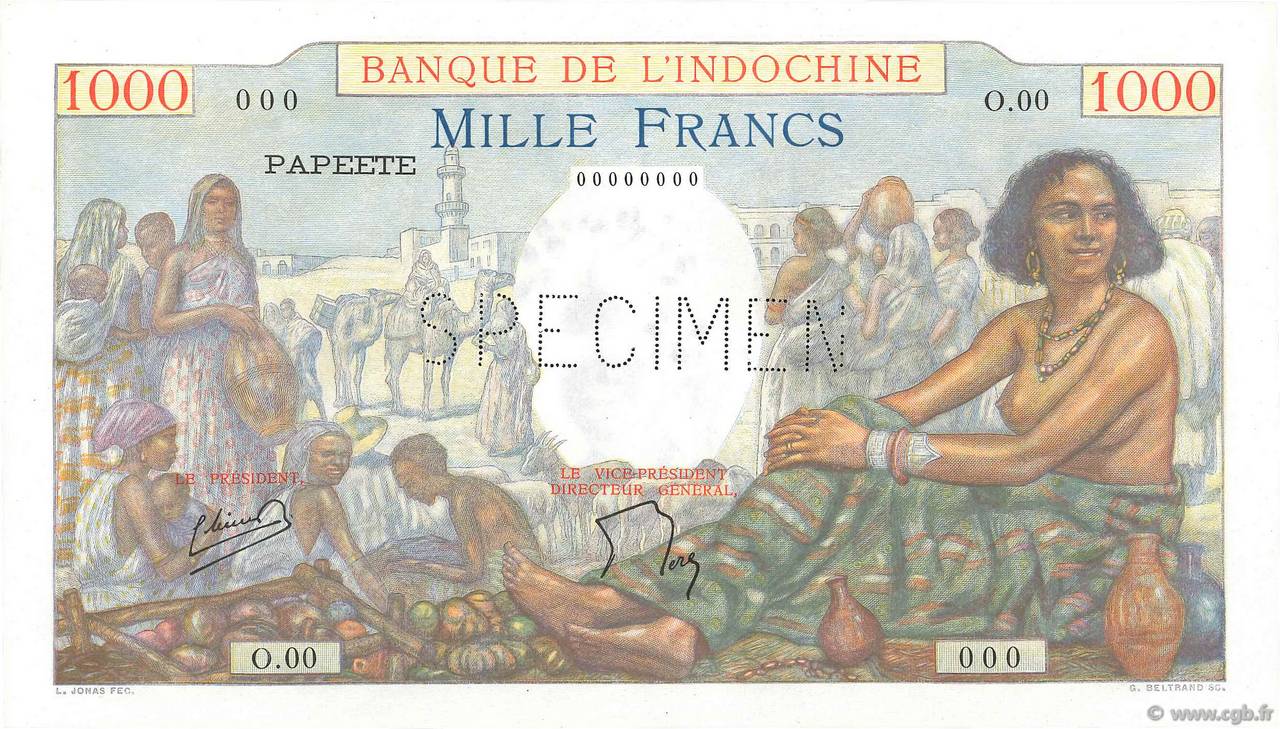 1000 Francs Spécimen TAHITI  1954 P.15bs pr.NEUF