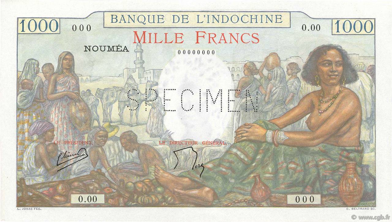 1000 Francs Spécimen NOUVELLE CALÉDONIE  1952 P.43b vars NEUF