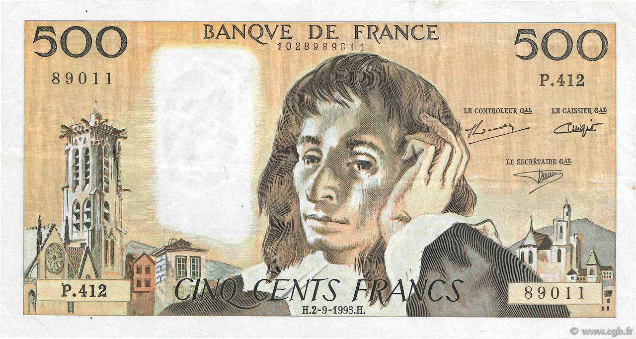 500 Francs PASCAL FRANCE  1993 F.71.52-412 pr.TTB