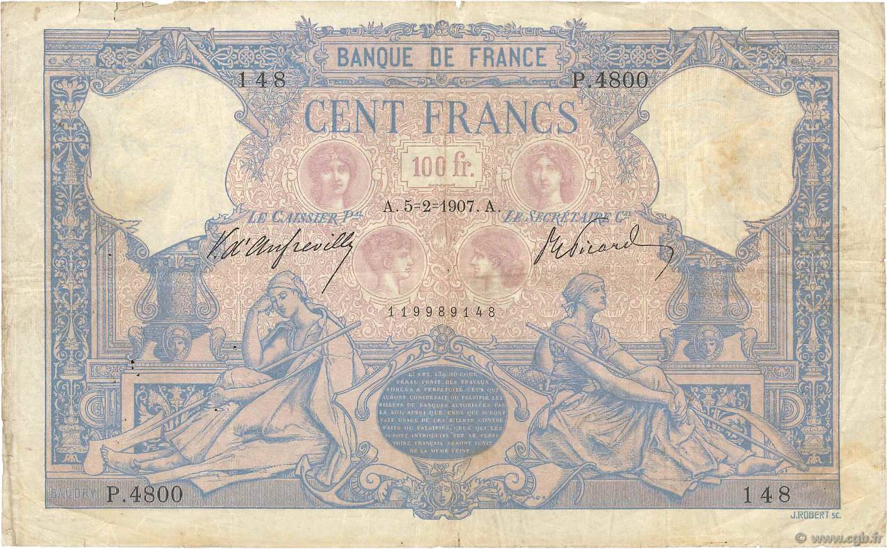 100 Francs BLEU ET ROSE FRANCE  1907 F.21.21 pr.TB