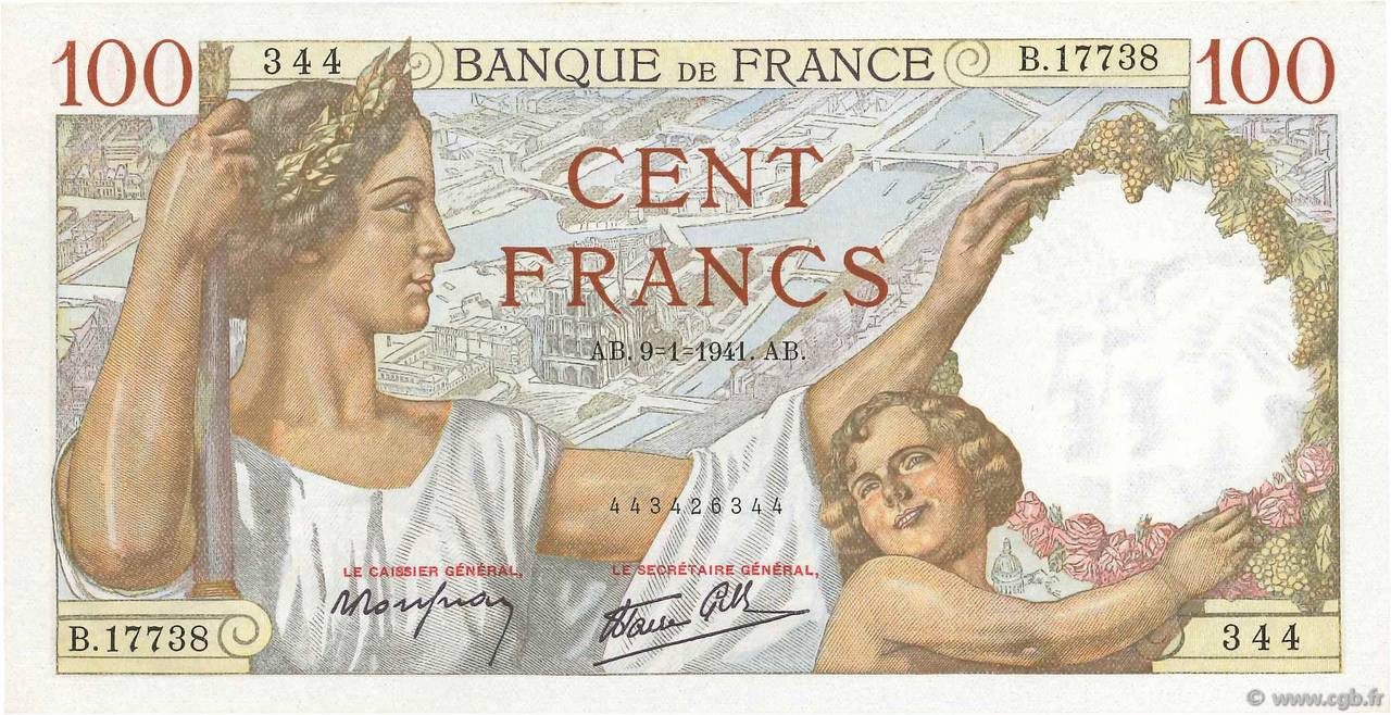 100 Francs SULLY FRANCE  1941 F.26.44 NEUF