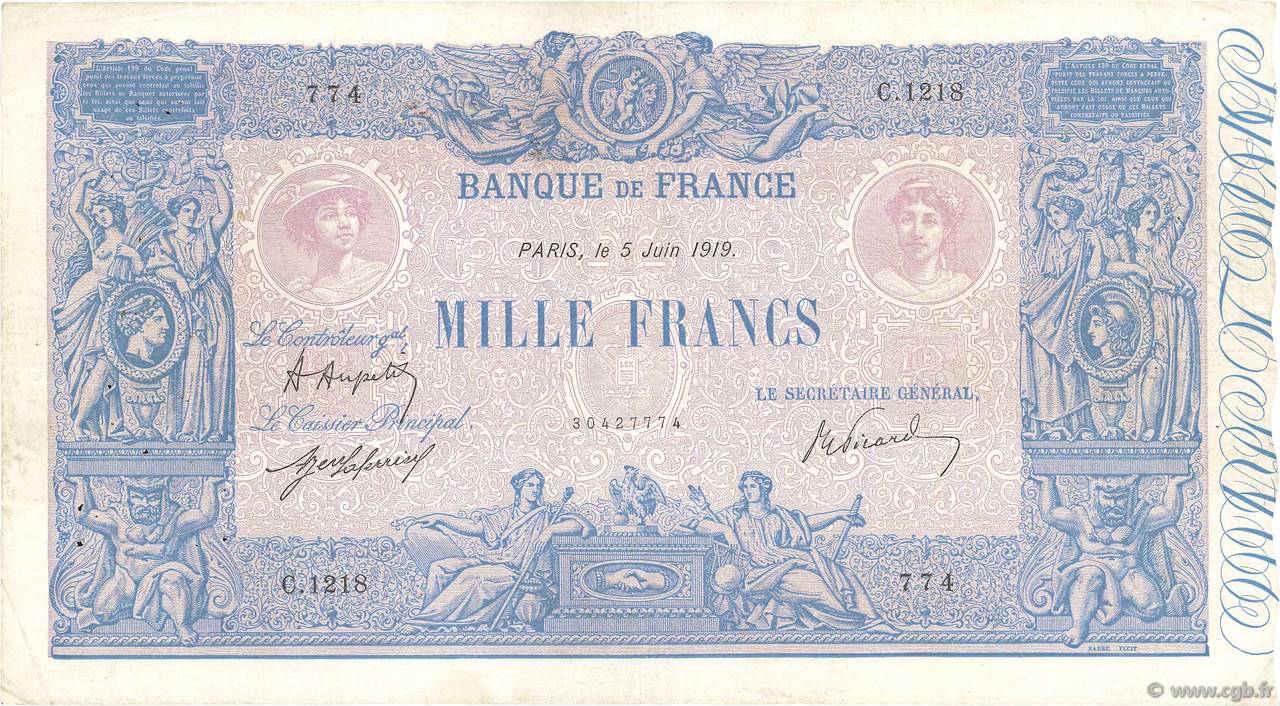 1000 Francs BLEU ET ROSE FRANCE  1919 F.36.34 pr.TTB