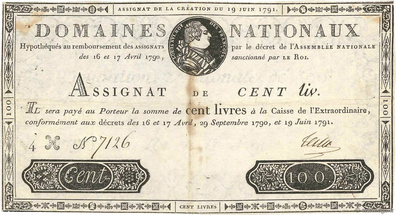 100 Livres FRANCE  1791 Ass.15a TTB