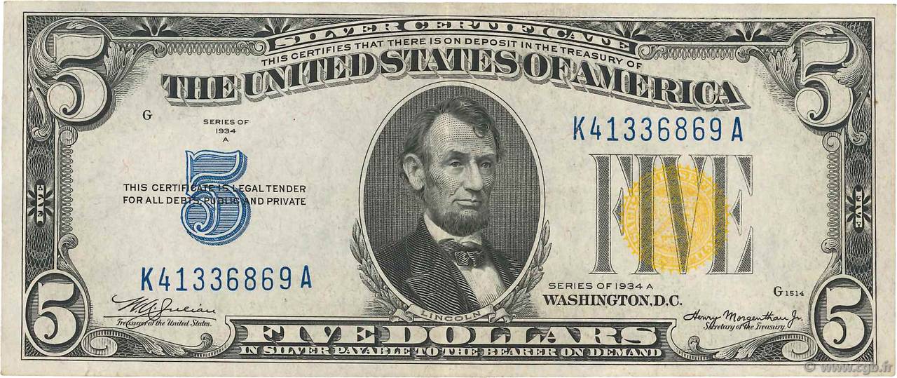 5 Dollars ÉTATS-UNIS D AMÉRIQUE  1934 P.414AY SUP