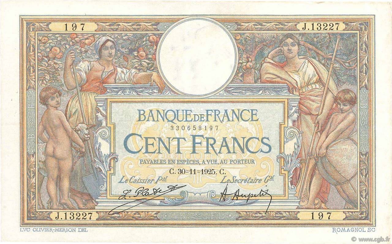 100 Francs LUC OLIVIER MERSON grands cartouches FRANCE 1925 F.24.03 TTB