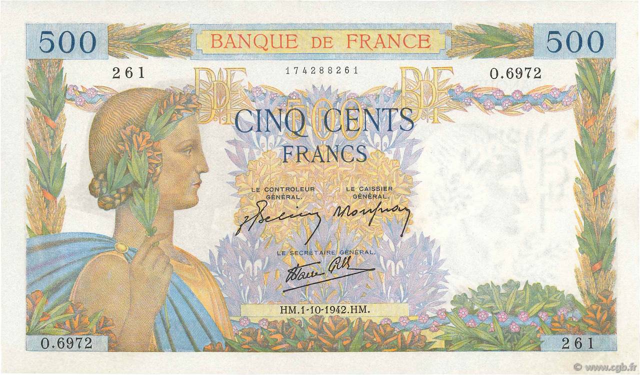 500 Francs LA PAIX FRANCE 1942 F.32.41 pr.SPL