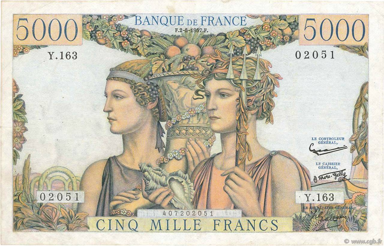5000 Francs TERRE ET MER FRANCE  1957 F.48.14 VF-