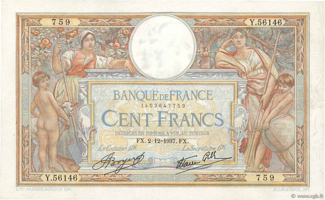 100 Francs LUC OLIVIER MERSON type modifié FRANCE  1937 F.25.04 TTB