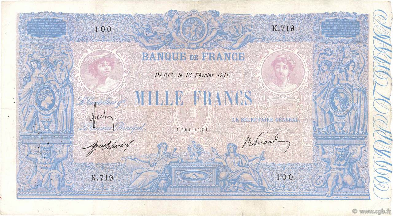 1000 Francs BLEU ET ROSE FRANCE 1911 F.36.25 TB
