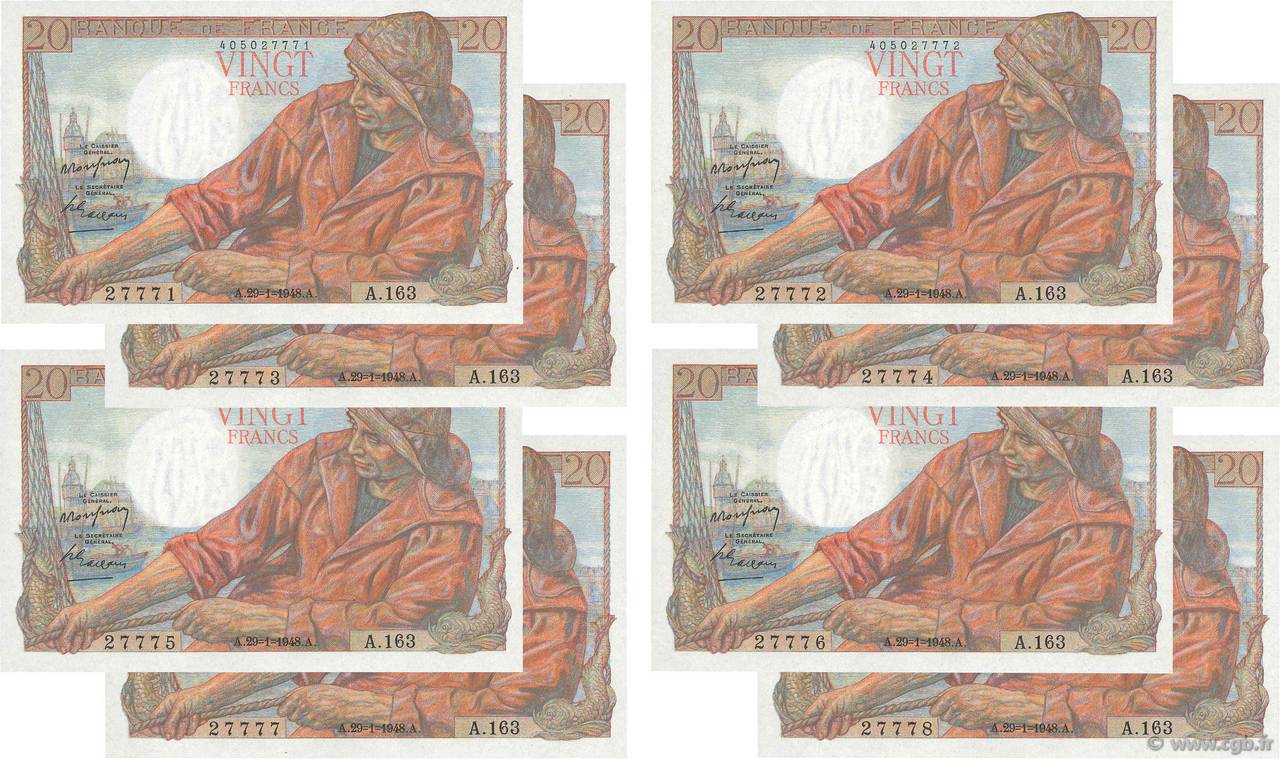 20 Francs PÊCHEUR Consécutifs FRANCE  1948 F.13.12 UNC