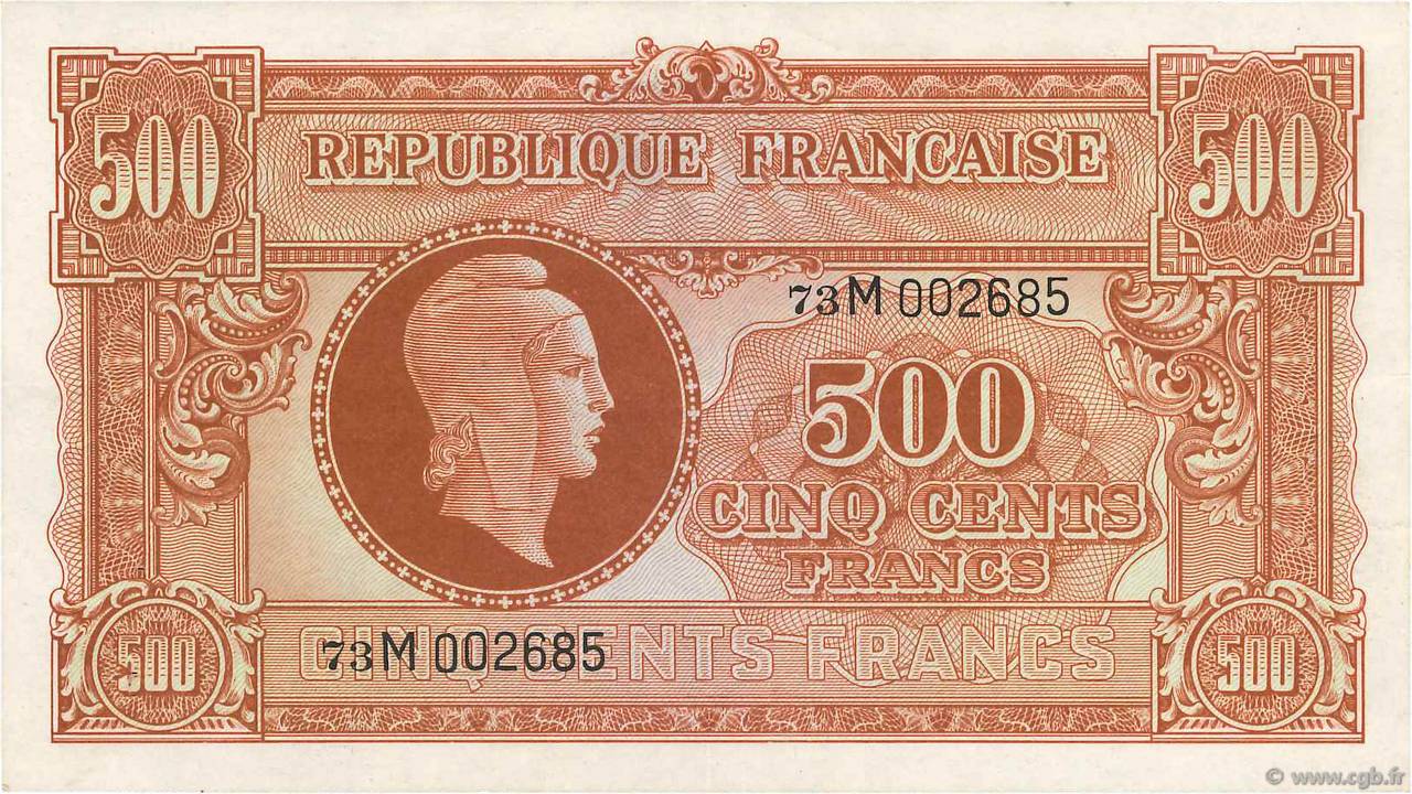 500 Francs MARIANNE fabrication anglaise FRANCIA  1945 VF.11.02 SPL+