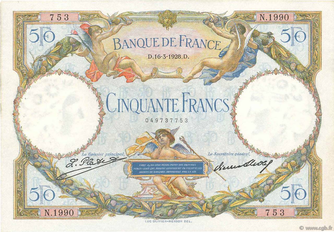 50 Francs LUC OLIVIER MERSON FRANCE 1928 F.15.02 TTB