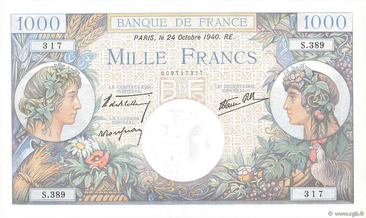 1000 Francs COMMERCE ET INDUSTRIE FRANCE 1940 F.39.01 NEUF