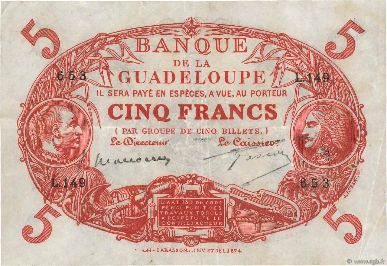 5 Francs Cabasson rouge GUADELOUPE  1934 P.07c MBC