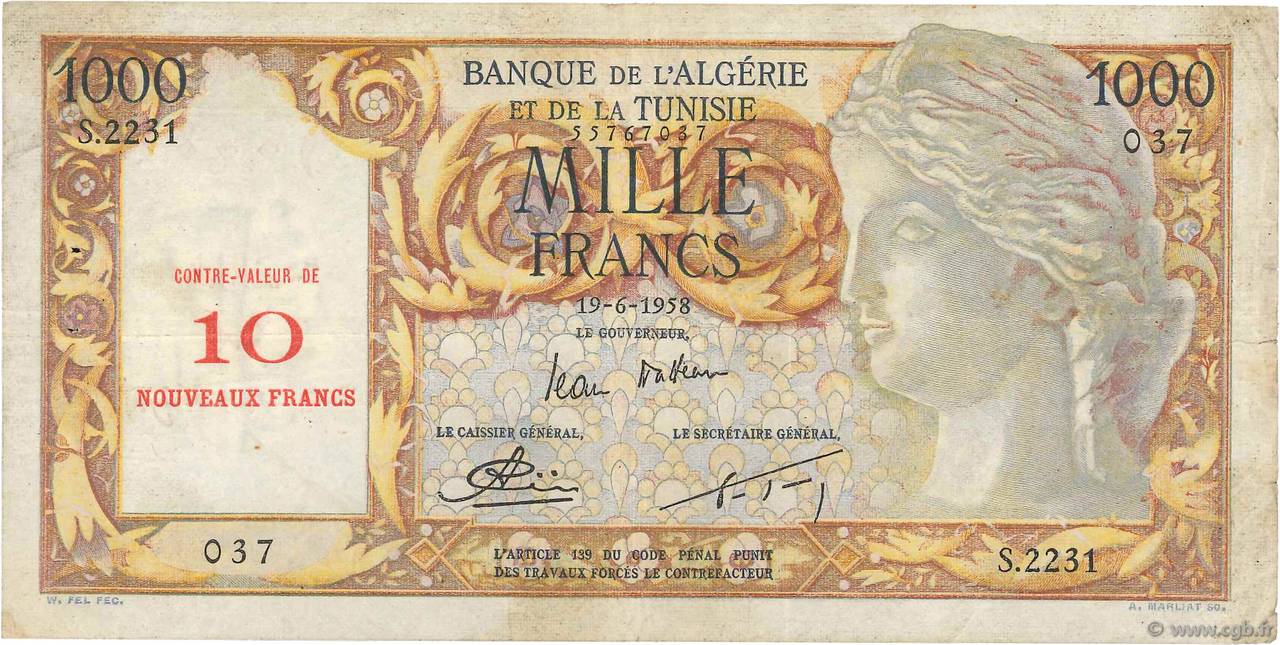 10 NF sur 1000 Francs ALGÉRIE  1958 P.112 TTB