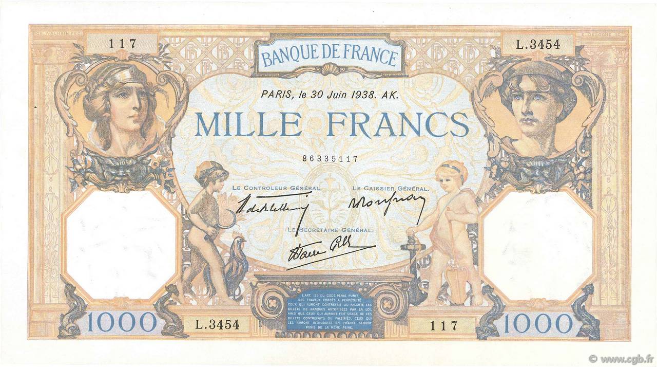 1000 Francs CÉRÈS ET MERCURE type modifié FRANCE  1938 F.38.21 SUP+