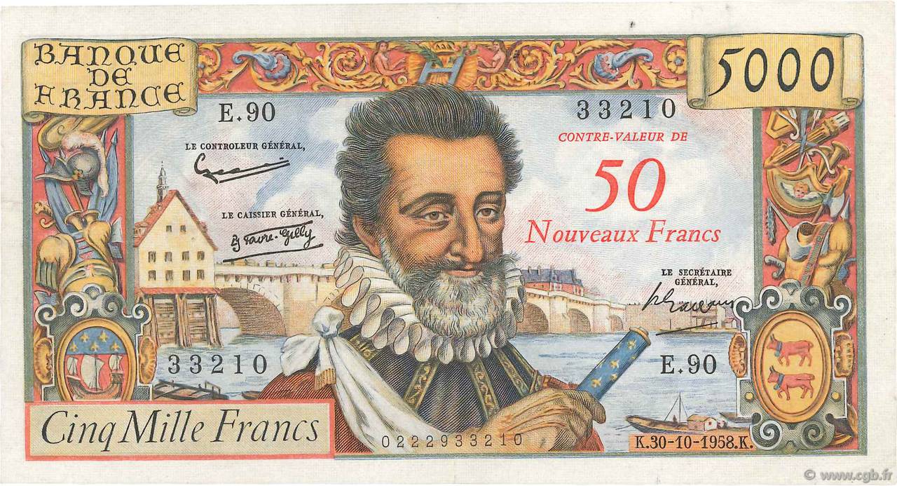 50 NF sur 5000 Francs HENRI IV FRANCE  1958 F.54.01 TTB+