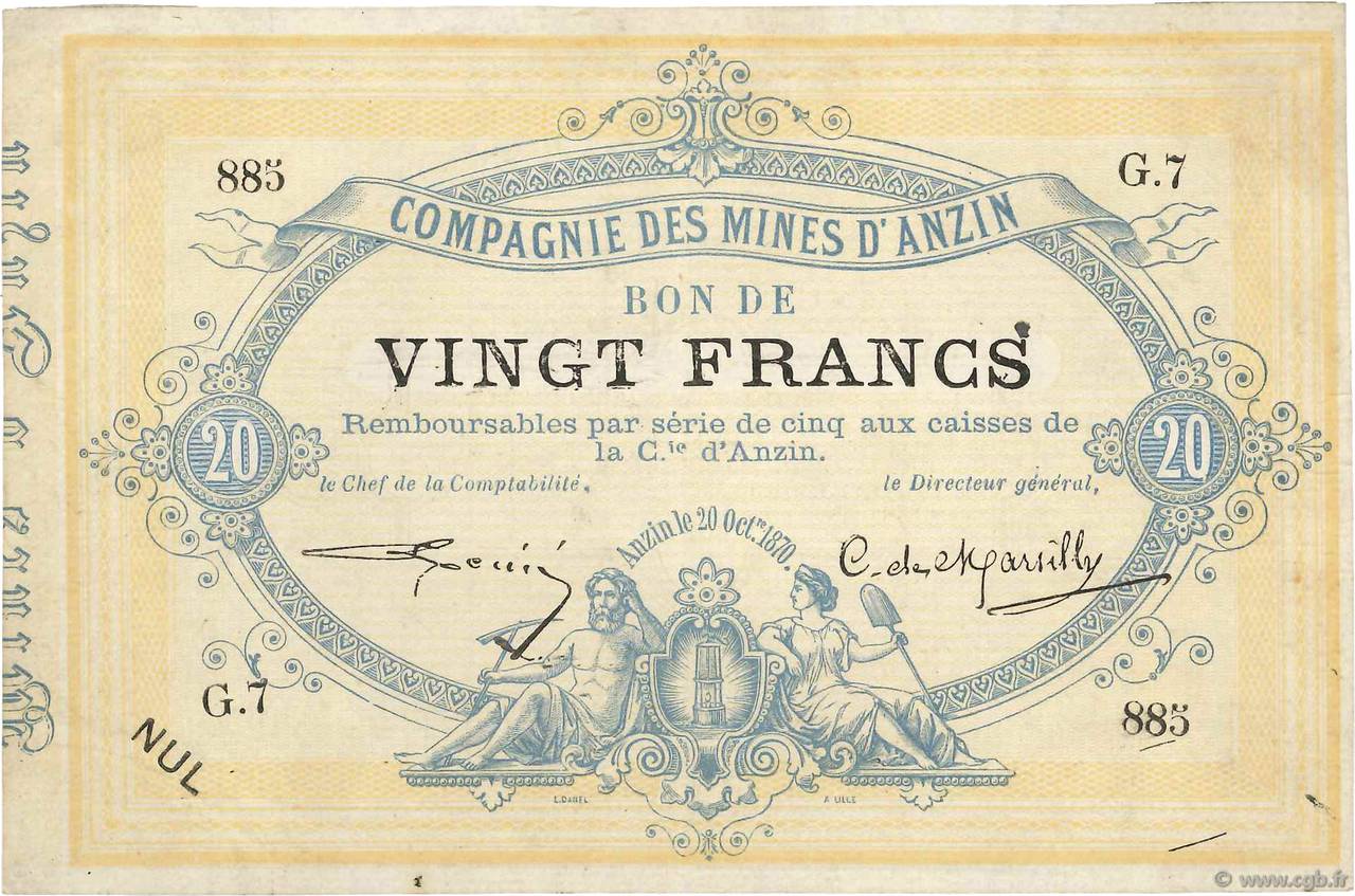 20 Francs Non émis FRANCE régionalisme et divers Anzin 1870 JER.59.04A TTB