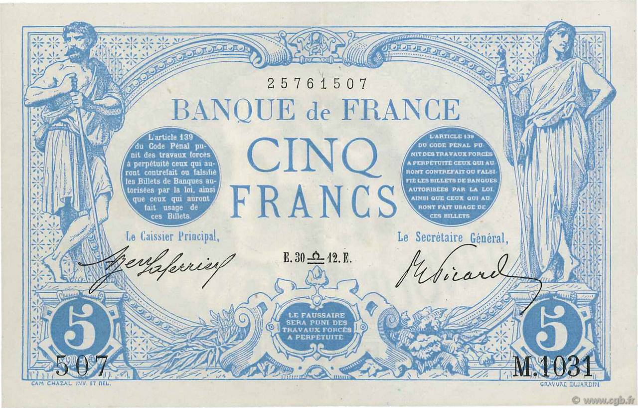 5 Francs BLEU FRANCE 1912 F.02.09 SUP+
