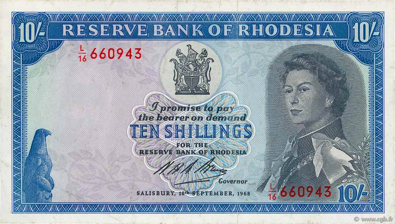 10 Shillings RHODESIA  1968 P.27b XF+