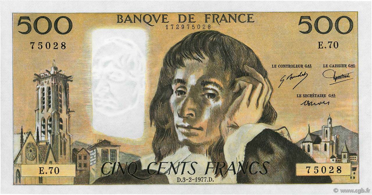 500 Francs PASCAL FRANCE  1977 F.71.16 AU+