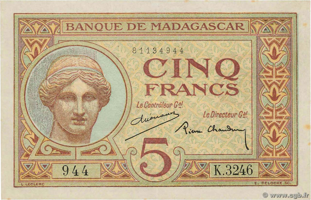 5 Francs MADAGASKAR  1937 P.035 VZ