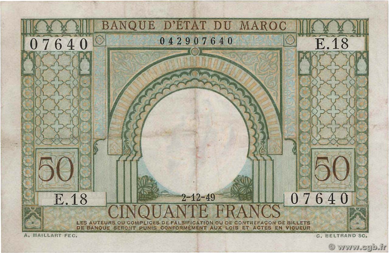 50 Francs MAROC  1949 P.44 TTB