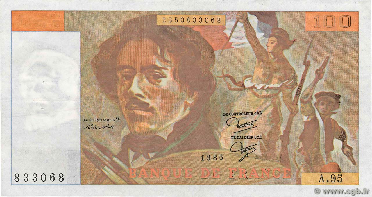 100 Francs DELACROIX modifié Fauté FRANCE  1985 F.69.09 VF-