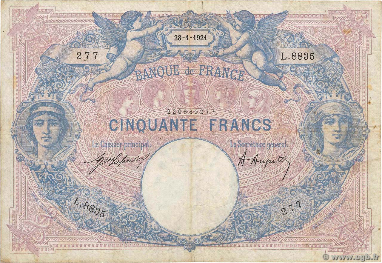 50 Francs BLEU ET ROSE FRANKREICH  1921 F.14.34 S