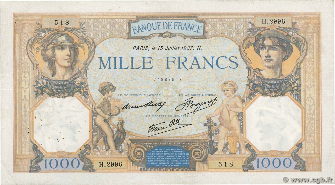 1000 Francs CÉRÈS ET MERCURE type modifié FRANKREICH  1937 F.38.02 SS