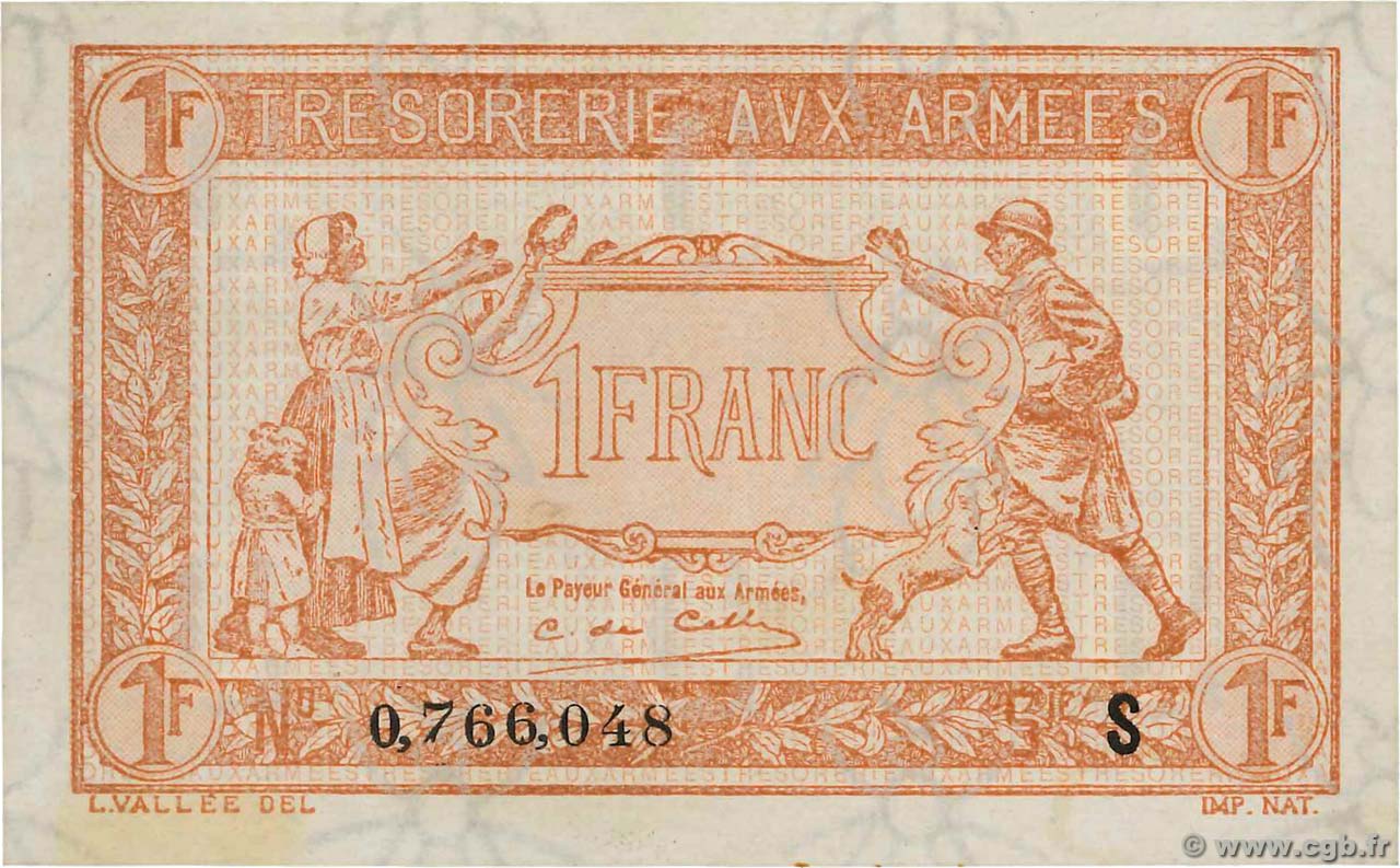 1 Franc TRÉSORERIE AUX ARMÉES 1919 FRANCE  1919 VF.04.06 pr.NEUF