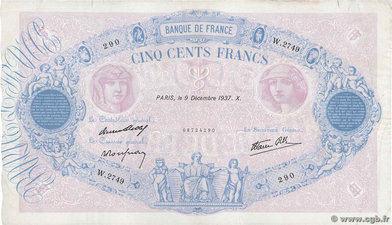 500 Francs BLEU ET ROSE modifié FRANCE  1937 F.31.05 TTB