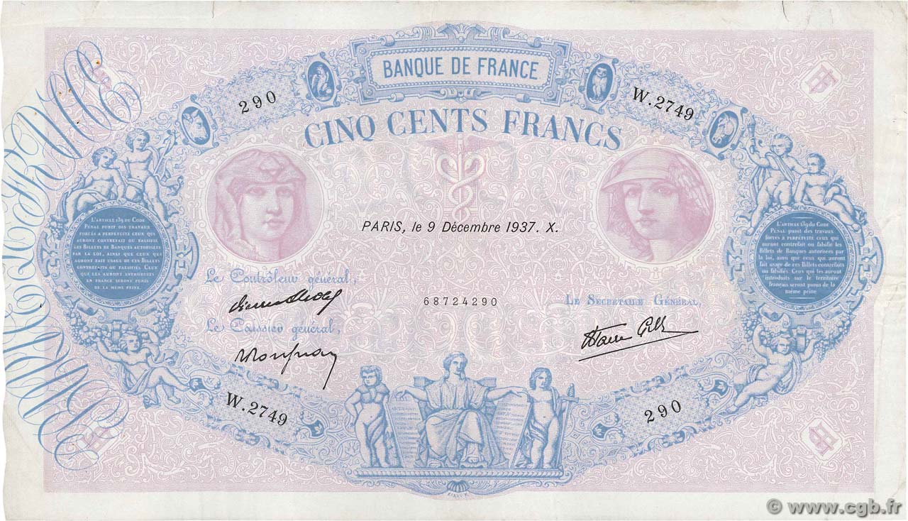 500 Francs BLEU ET ROSE modifié FRANCE 1937 F.31.05 TTB