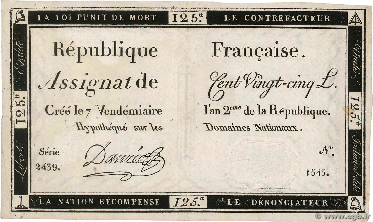 125 Livres FRANCE 1793 Ass.44a TTB+