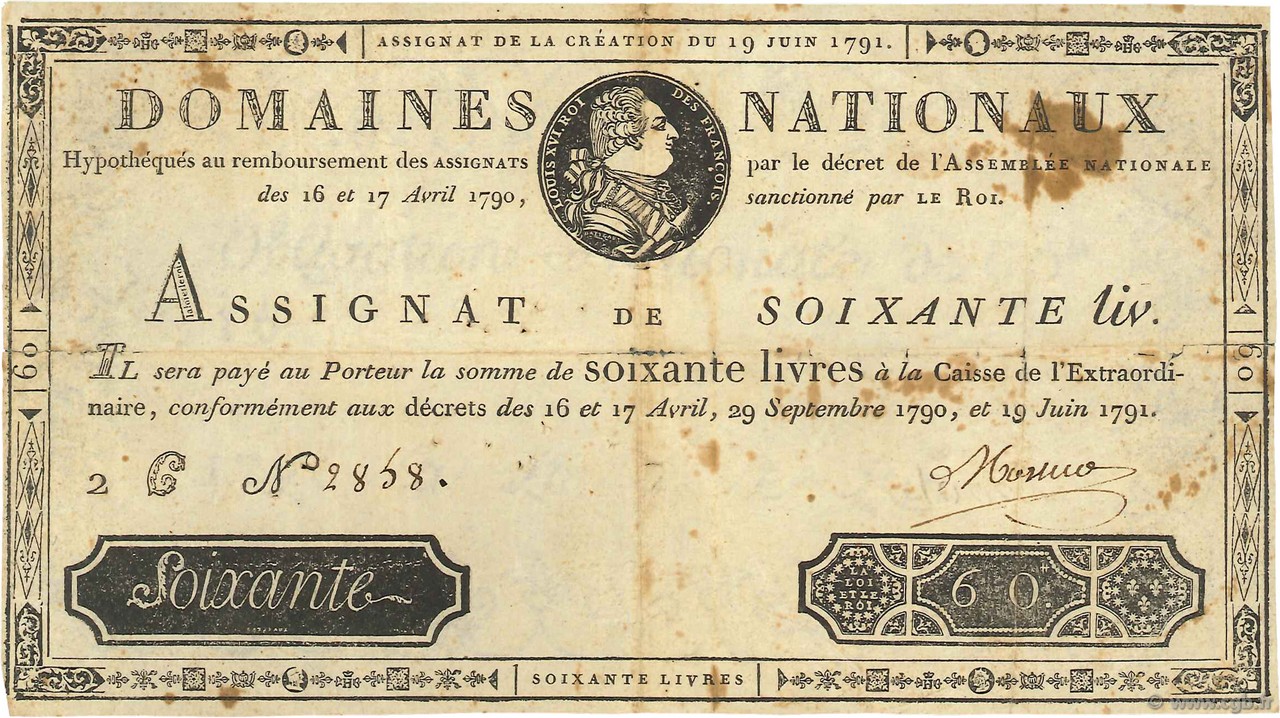 60 Livres  FRANCE  1791 Ass.14a TB