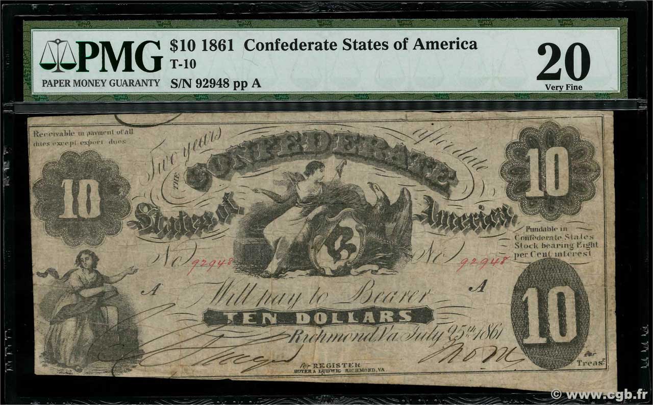 10 Dollars STATI CONFEDERATI D AMERICA  1861 P.09 MB