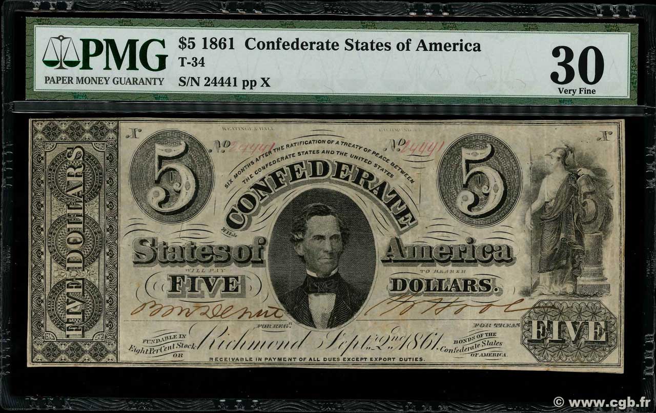 5 Dollars Annulé STATI CONFEDERATI D AMERICA  1861 P.16b q.BB