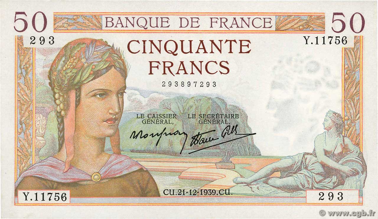 50 Francs CÉRÈS modifié FRANCE  1939 F.18.36 XF+