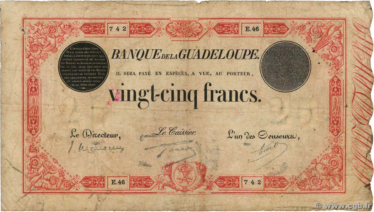 25 Francs rouge GUADELOUPE  1934 P.08 VG